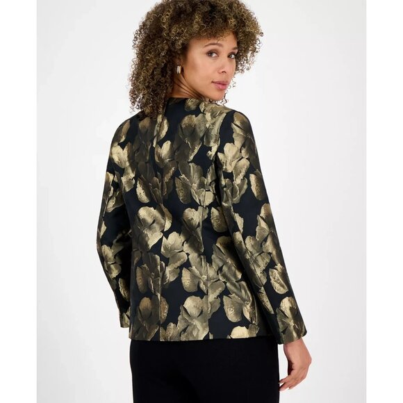 Kasper Black Gold Metallic Jacquard Collarless Jacket Petite Size 12P $159 - Picture 3 of 3